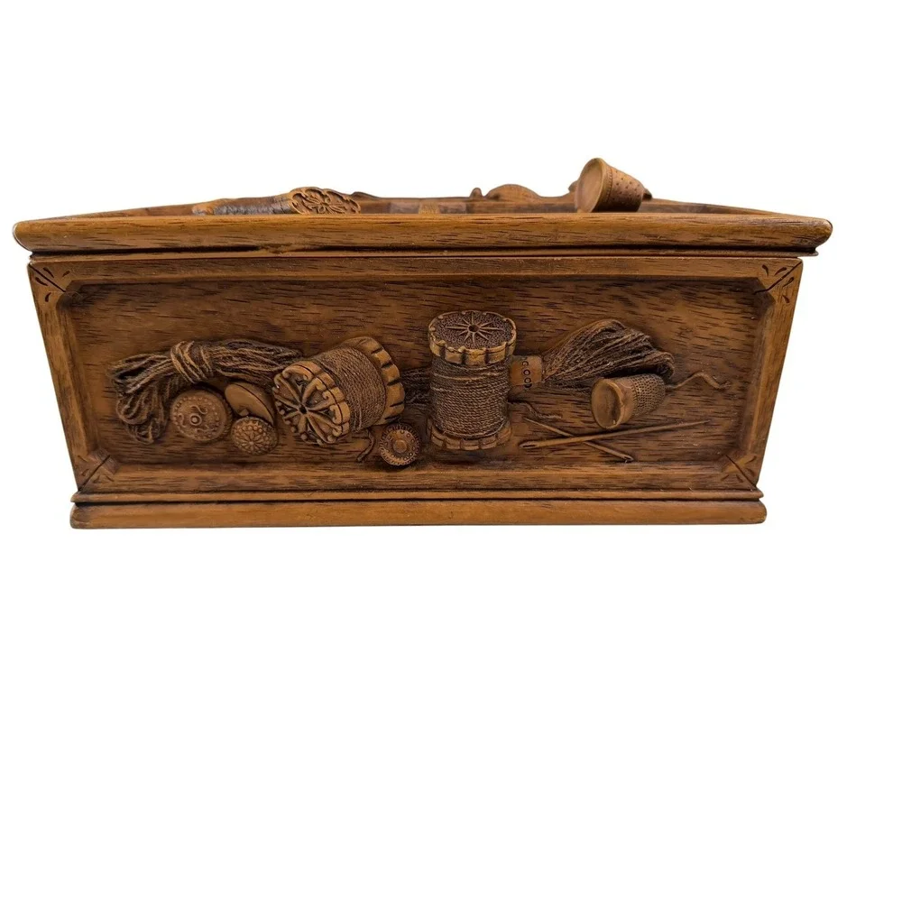 Vintage Wasa Resin Sewing Box Faux Wood Relief Carved Notions Organizer Chest